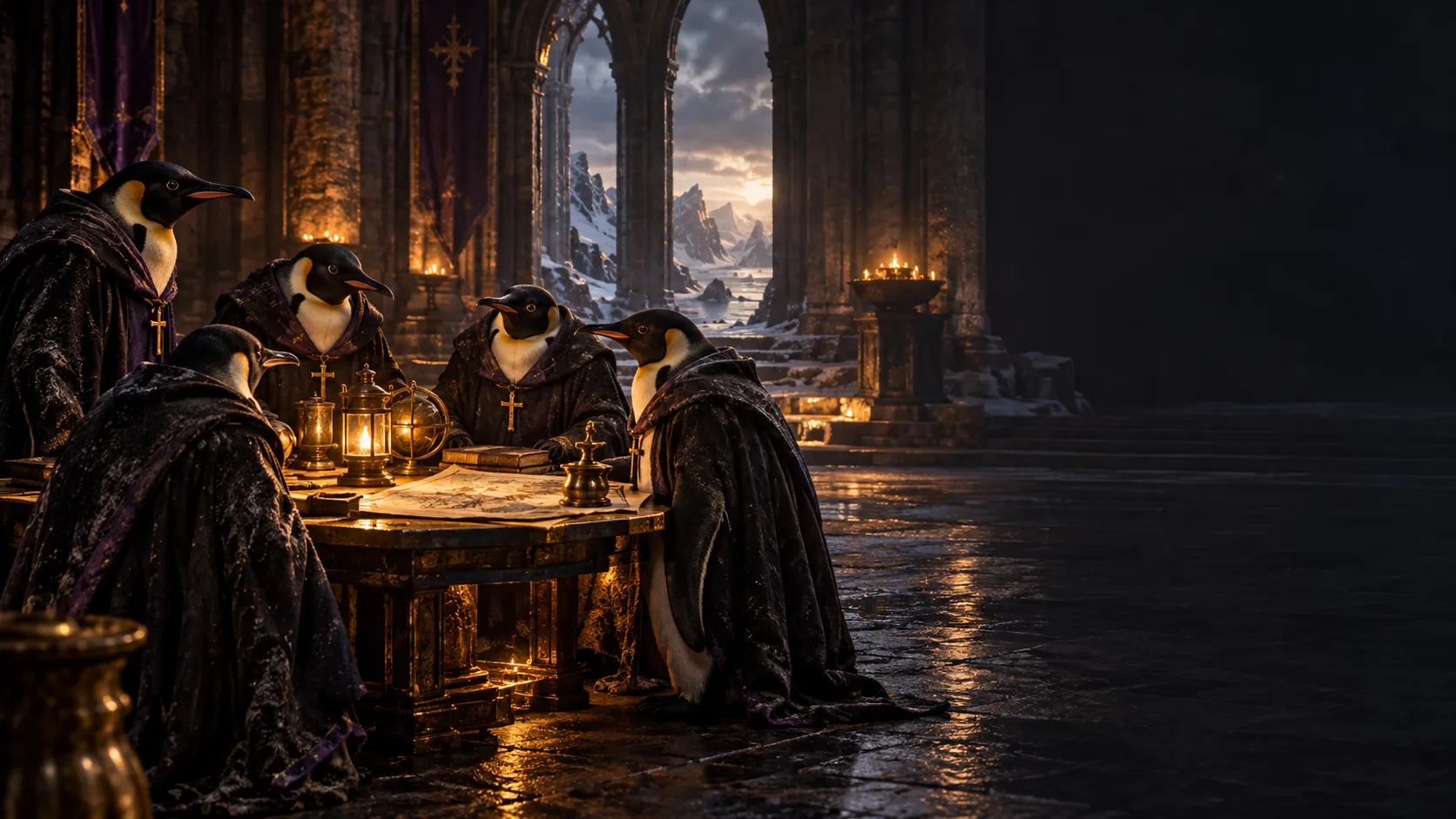 A council of cloaked penguins gathered around a brass-lit table in a frozen stone hall