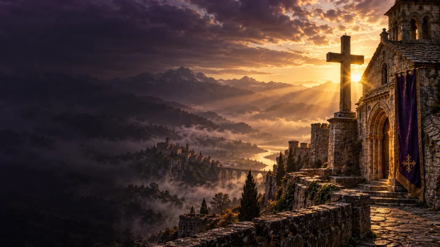 A sunrise-lit cross above a weathered stone chapel and mountain road
