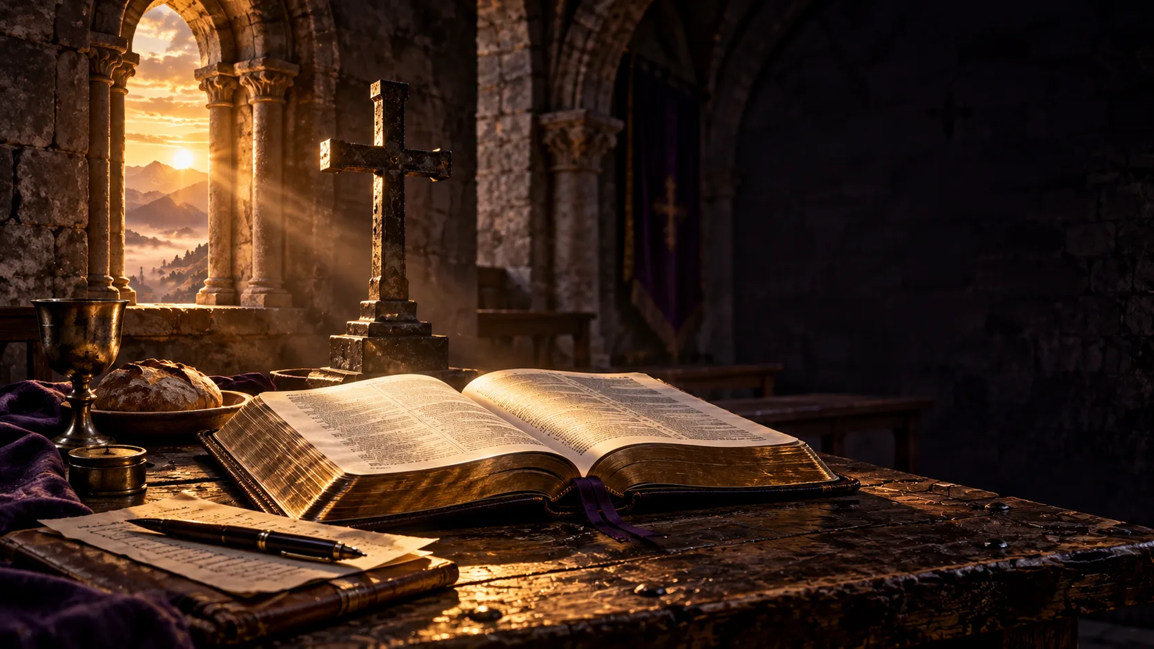 An open Bible, preaching notes, bread, and a cup illuminated inside a weathered stone chapel